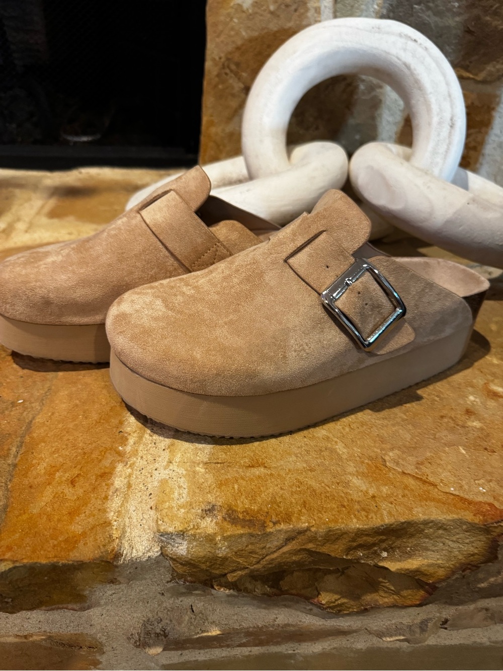 Steve Madden Suede Buckle Platform Clog in Light Tan